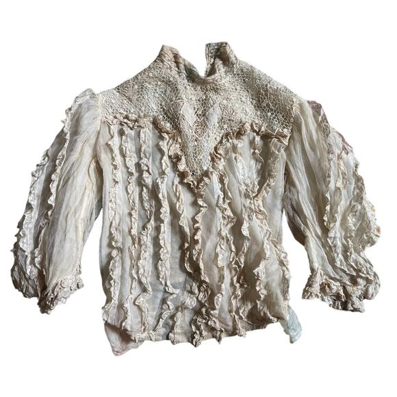 Antique Tops - Antique Edwardian White Net Lace Silk Blouse Crochet Panels High Neck AS IS